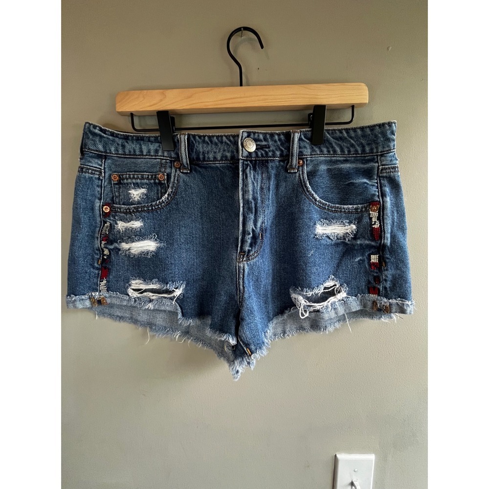 American Eagle Denim Distressed Embroidered Festival Jean Shorts Size 12 Boho